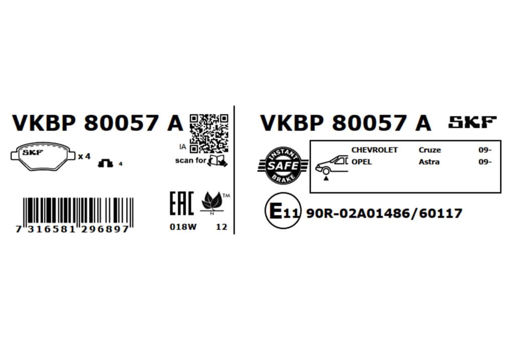 Jogo de 4 pastilhas de travão SKF ref. VKBP 80057 A